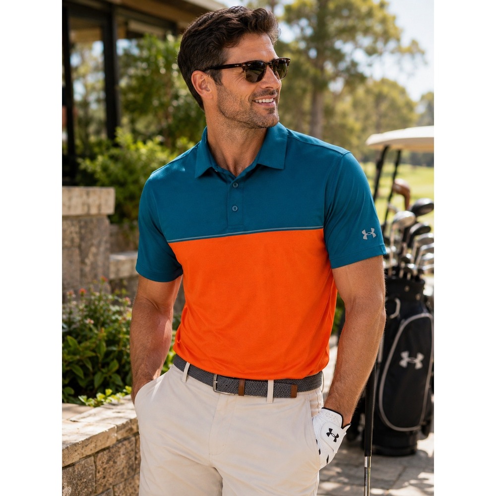 Under Armour Men's Large HeatGear Golf Polo Teal Orange Colorblock Performance